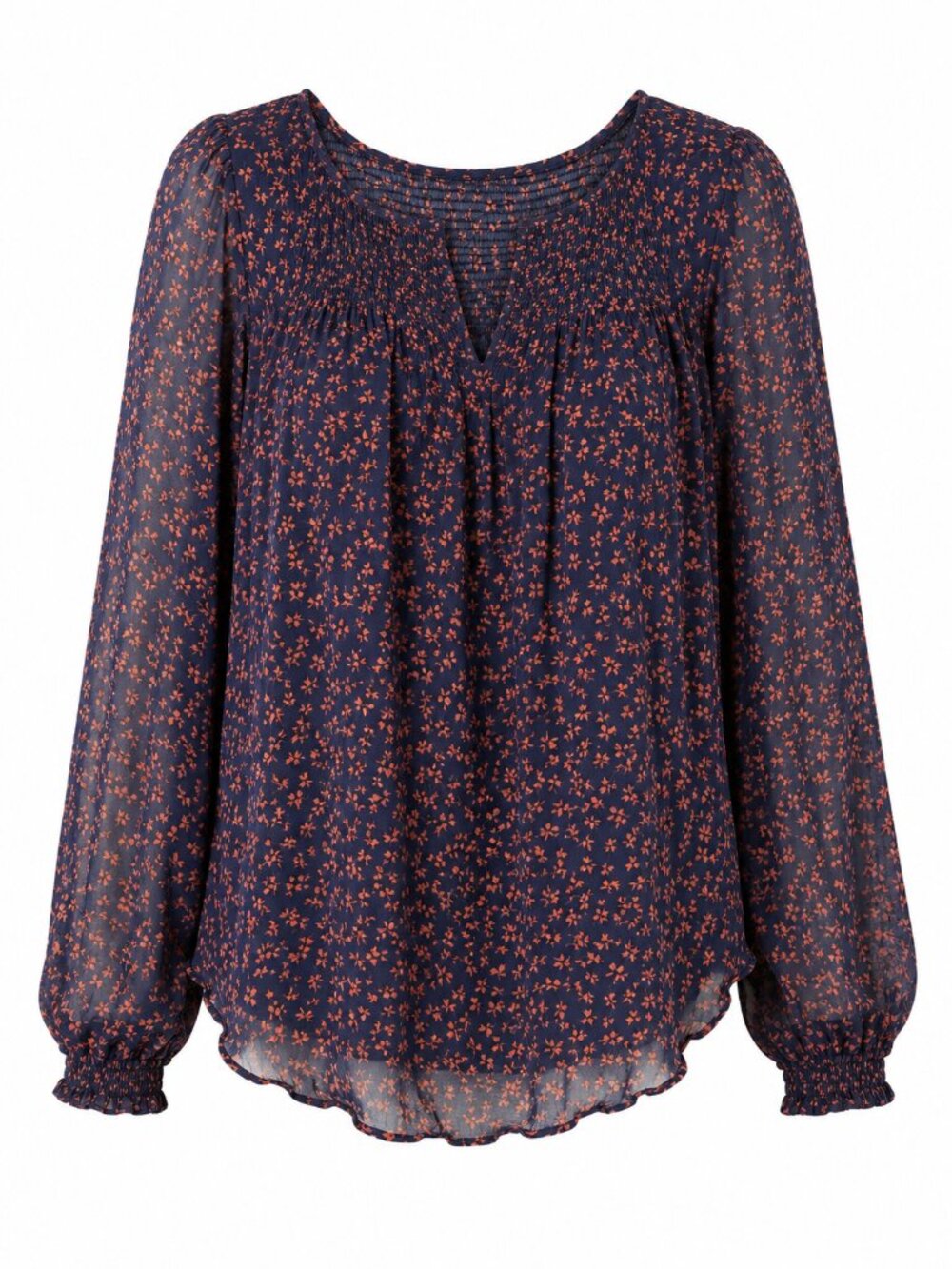 Joie 100% Silk Floral Blouse Women’s Large Navy Blue Coral Smocked Peasant Top